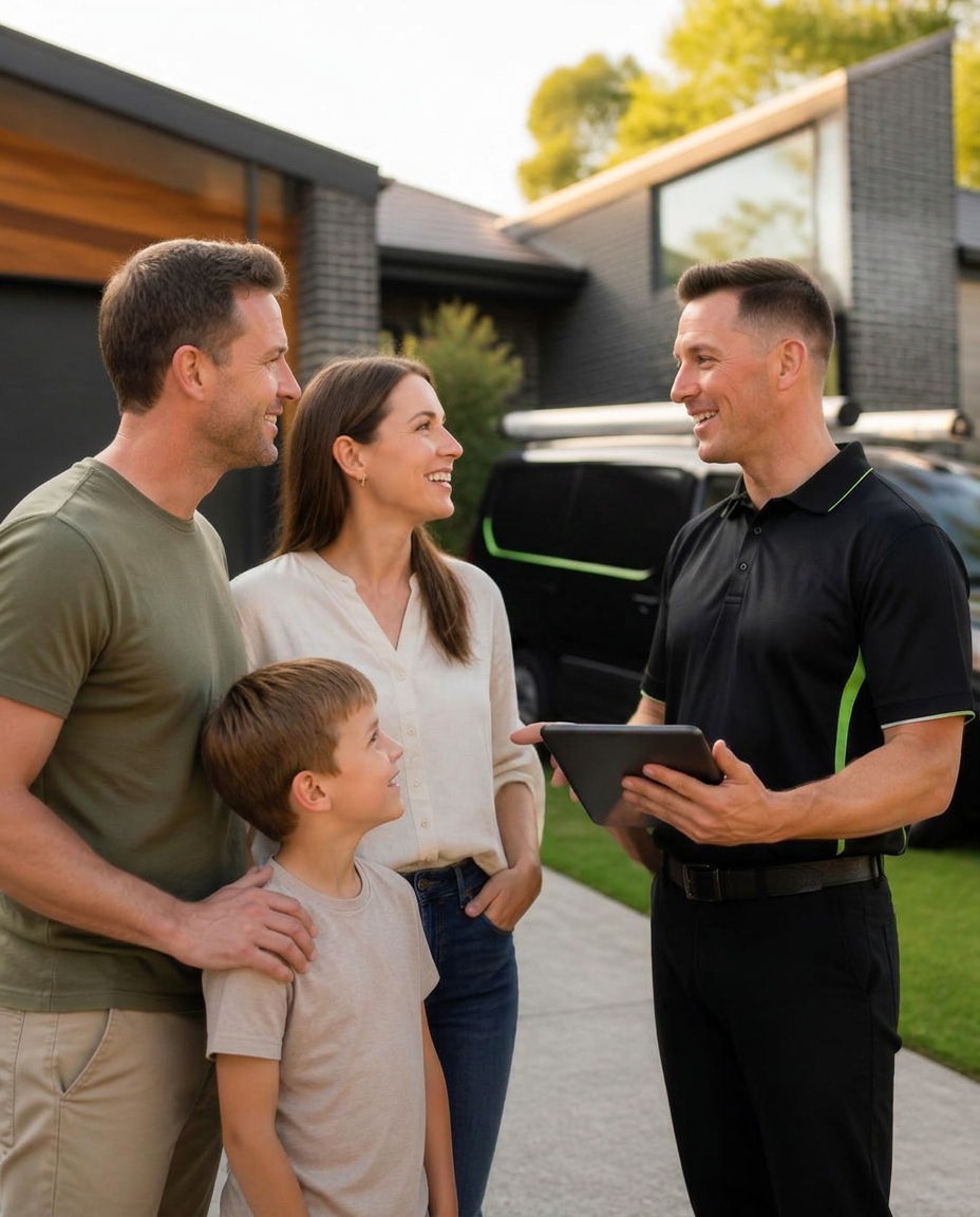 Licensed PestGuard technician talking with a family outside their Narellan home
